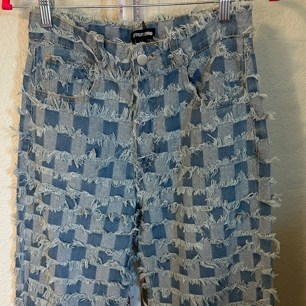 PrettyLittleThing Frayed Checkerboard Distressed High Waist Straight Jeans US 0